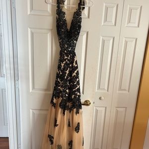 Black and Beige Lace Prom Dress